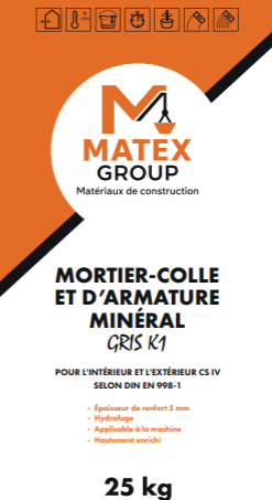 Mortier-colle et d’armature minéral gris K1